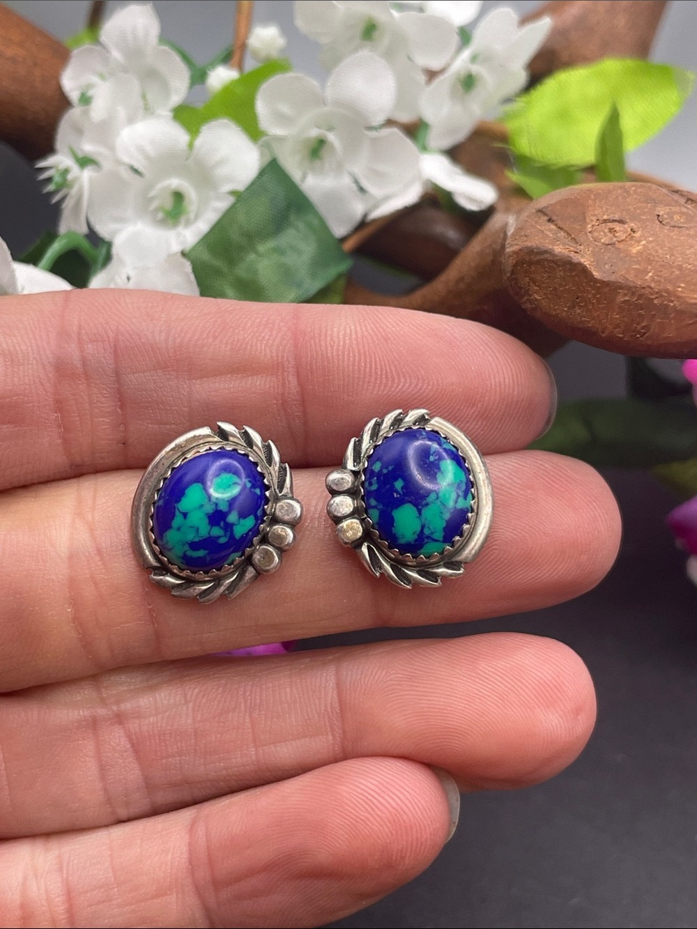 Southwestern azurite and sterling pierced earrings vintage